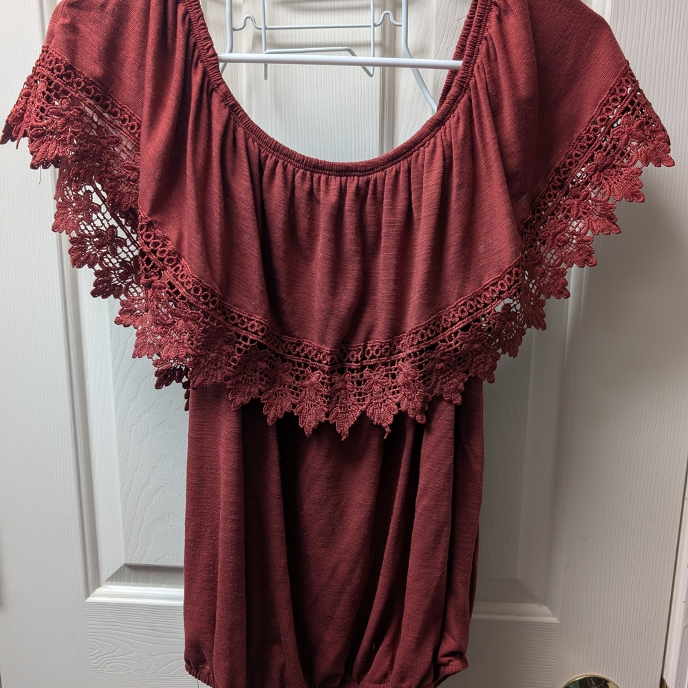Rust Red Lace Trim Blouse